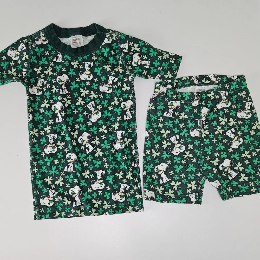 Hanna Andersson Peanuts Short‎ Pajama Set 120 6-7 Green Snoopy St. Patricks Day